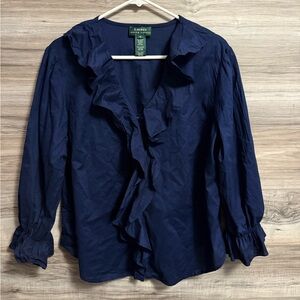 Lauren Ralph Lauren Blue Lightweight Cotton Ruffle Front  3/4 Sleeve Blouse